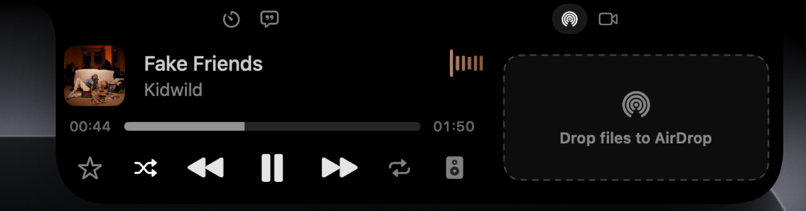 Expanded panel with a Drop files to AirDrop area to the right of the player