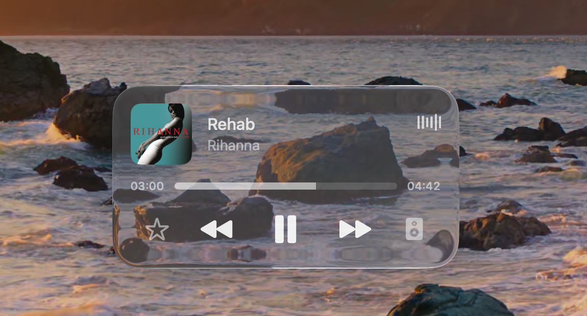 Lock screen glass player over a wallpaper, showing Rehab by Rihanna with progress and playback controls